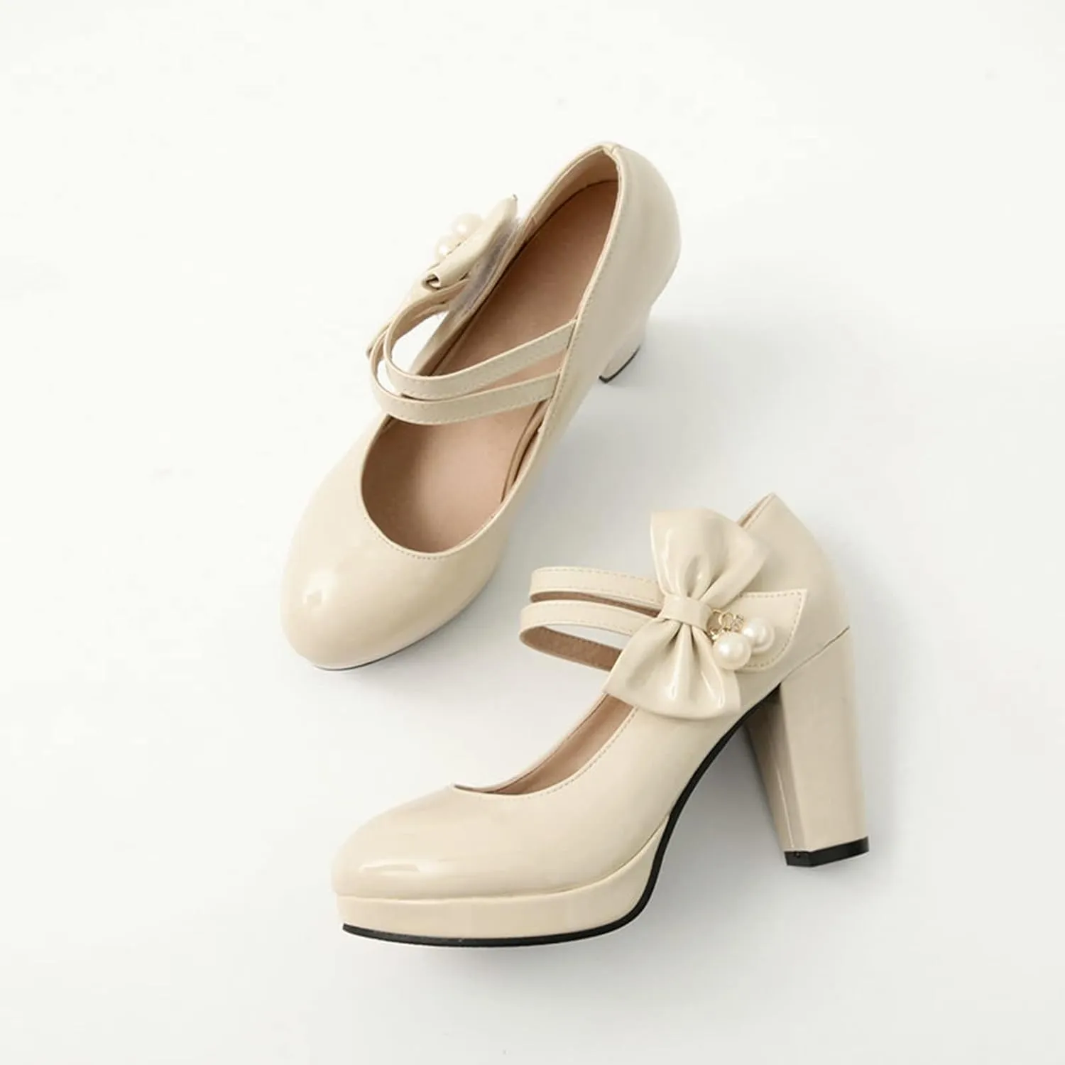 Women Platform Chunky High Heel Mary Jane Pumps Bow Double Strap Patent PU Round Toe Dress Shoes