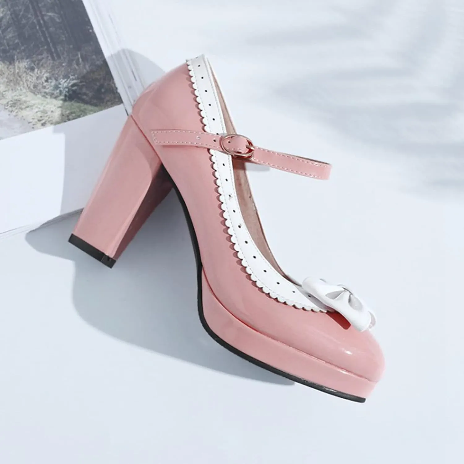 Women Platform High Chunky Heel Oxford Pumps Two Tone Fashion Round Toe Bow Ankle Strap Dress Shoes