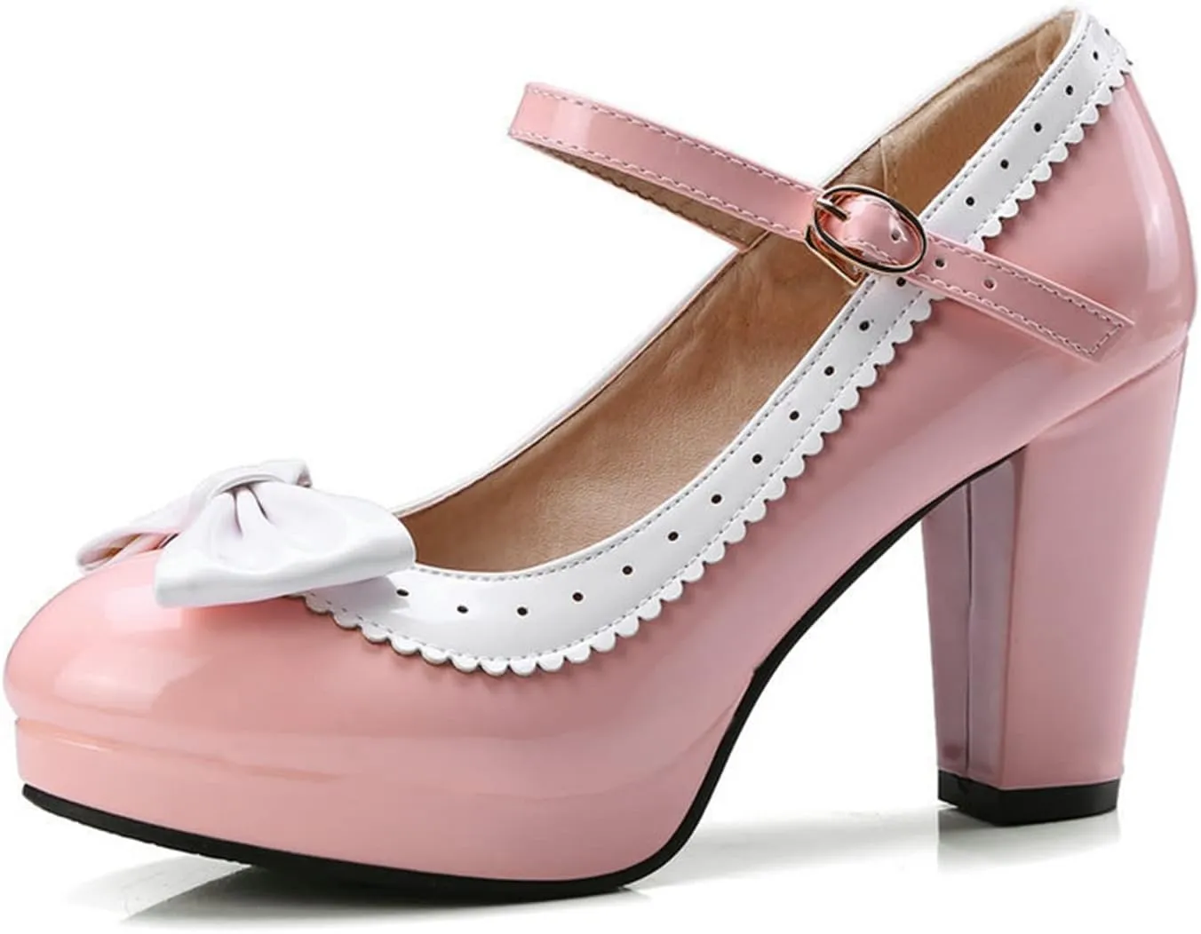 Women Platform High Chunky Heel Oxford Pumps Two Tone Fashion Round Toe Bow Ankle Strap Dress Shoes