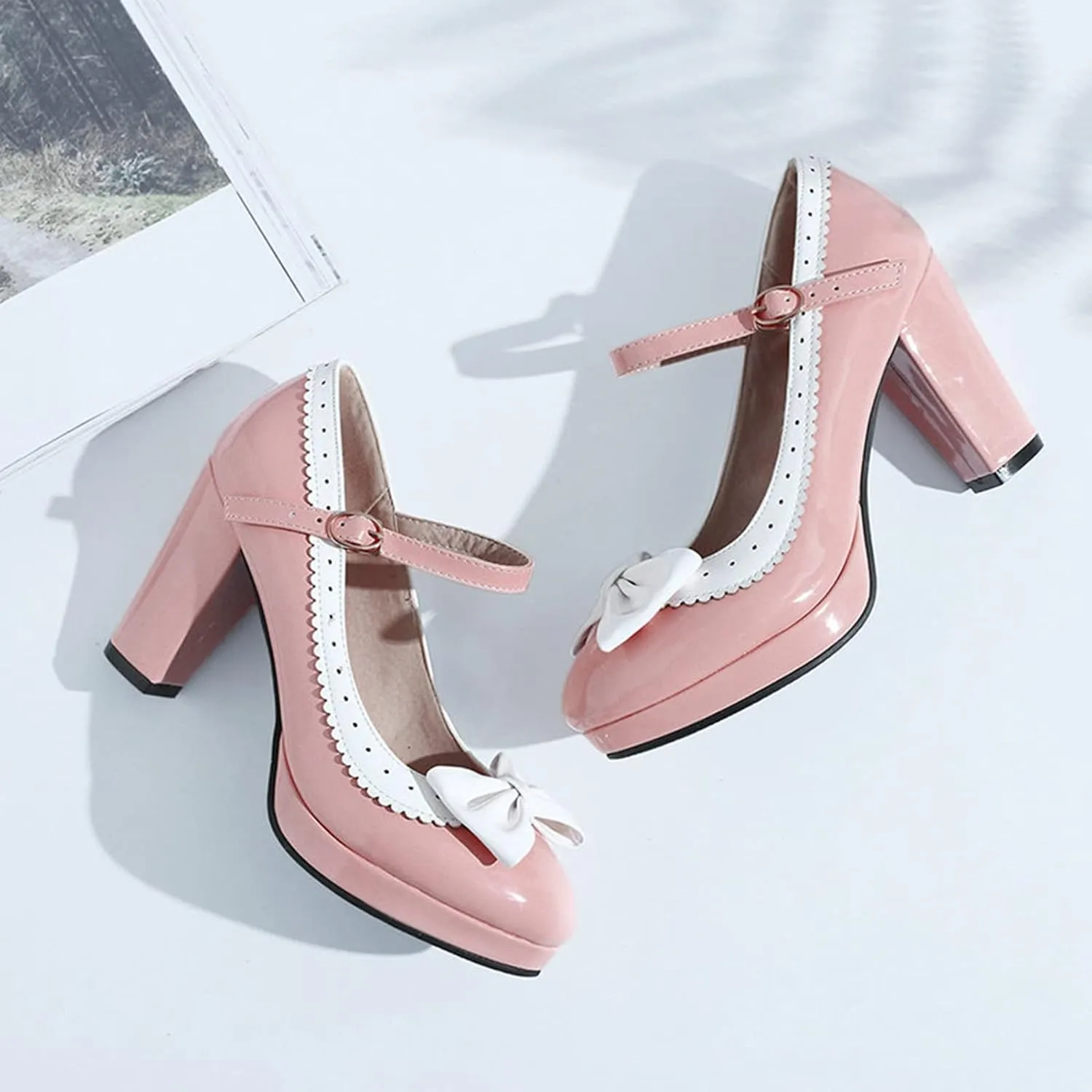 Women Platform High Chunky Heel Oxford Pumps Two Tone Fashion Round Toe Bow Ankle Strap Dress Shoes
