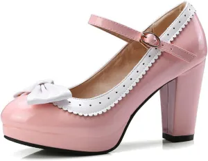 Women Platform High Chunky Heel Oxford Pumps Two Tone Fashion Round Toe Bow Ankle Strap Dress Shoes