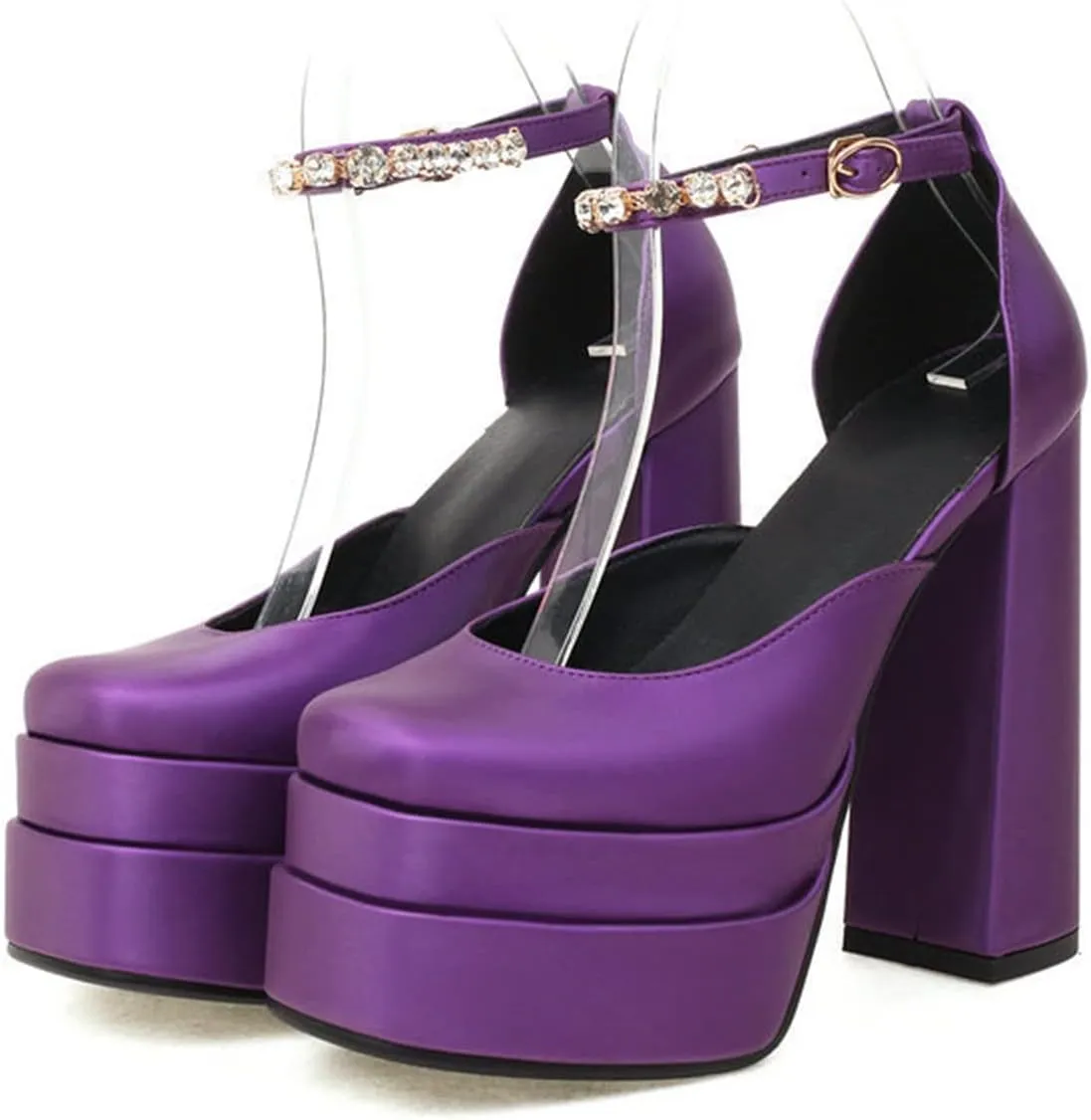 Women Platform High Heel Sandal Pumps Crystal Ankle Strap Fashion Chunky Heeled Square Toe Dress Shoes