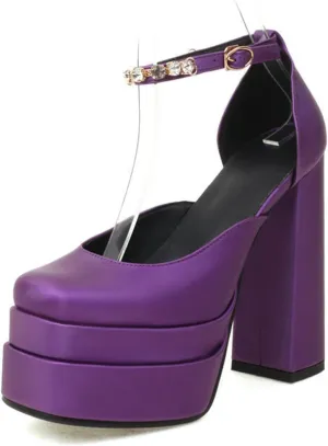 Women Platform High Heel Sandal Pumps Crystal Ankle Strap Fashion Chunky Heeled Square Toe Dress Shoes