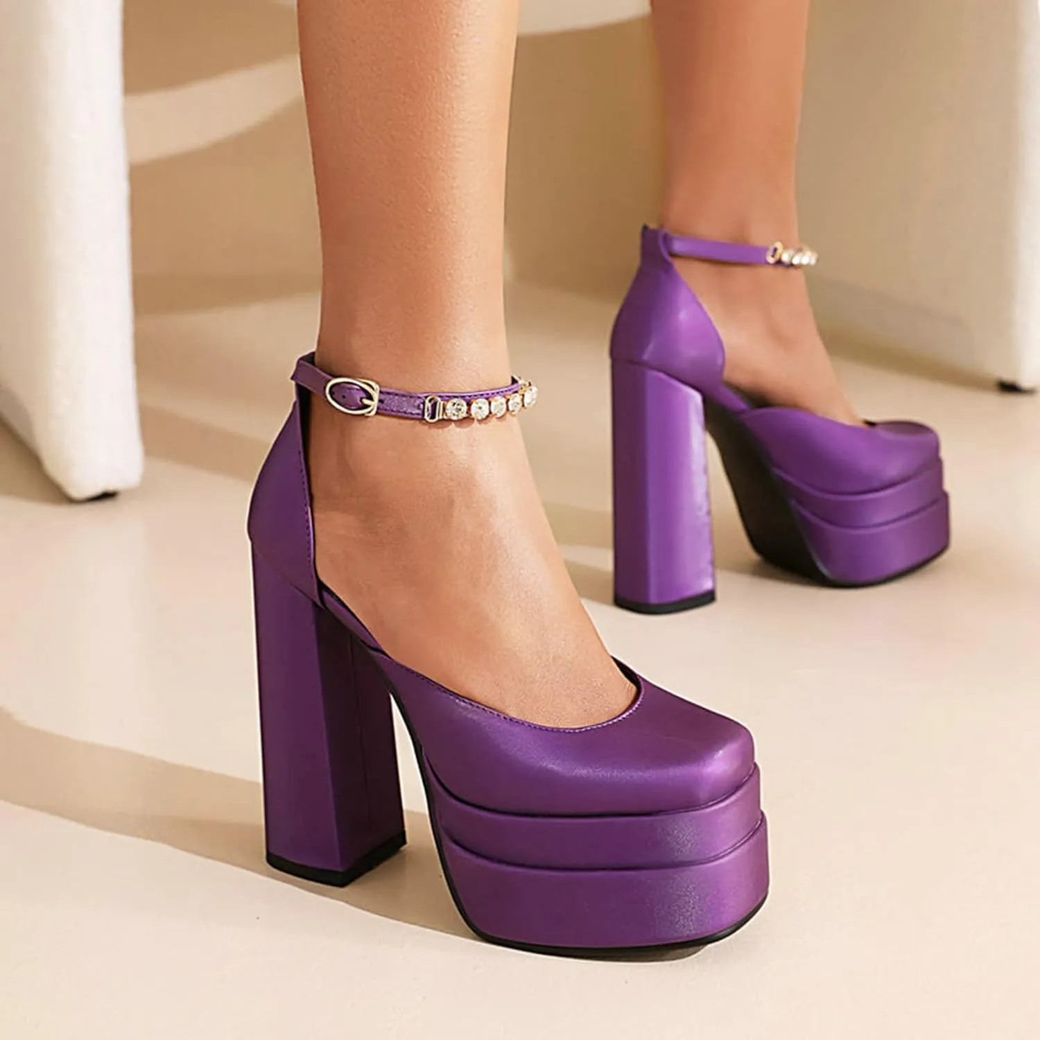 Women Platform High Heel Sandal Pumps Crystal Ankle Strap Fashion Chunky Heeled Square Toe Dress Shoes