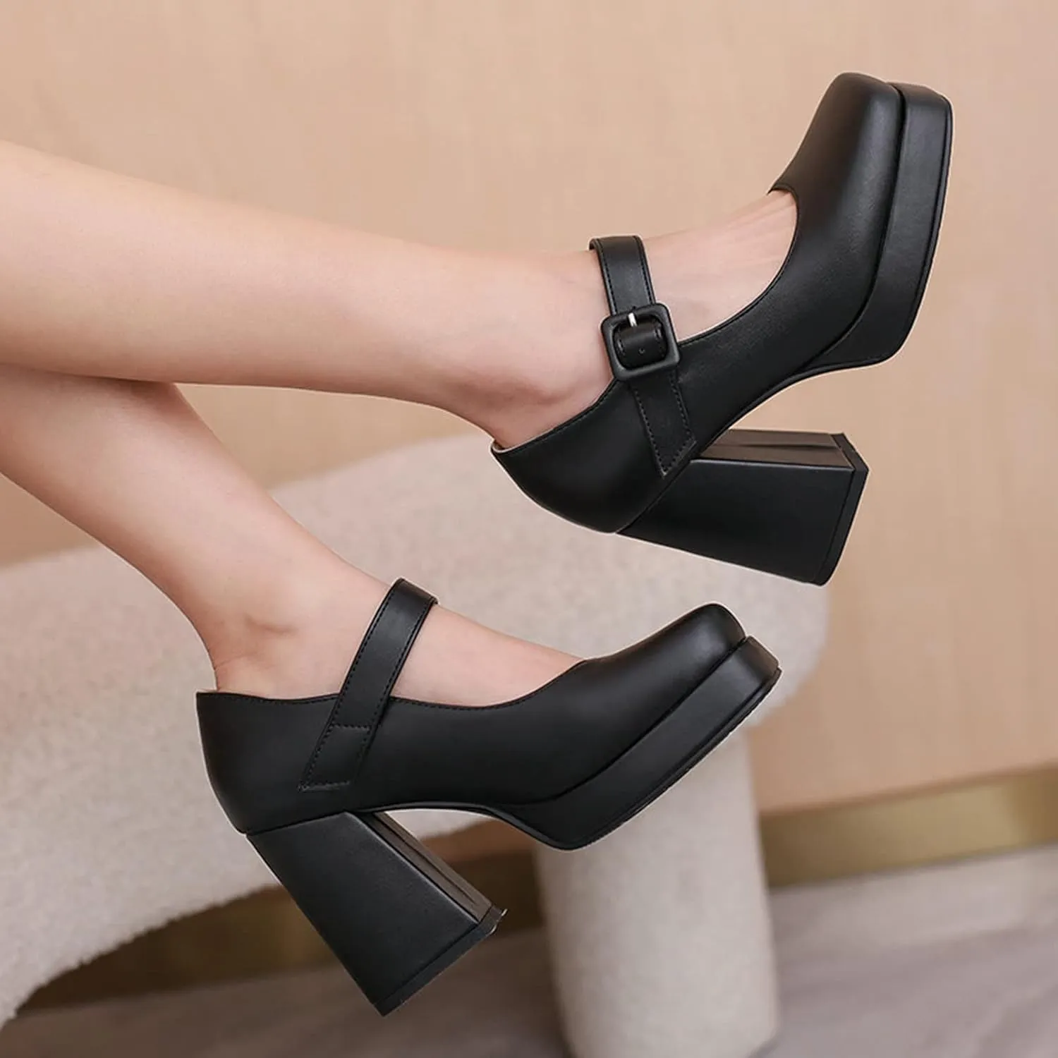 Women Square Toe Heeled Mary Jane Shoes Platform Chunky High Heel Retro Ankle Strap Uniform Pumps