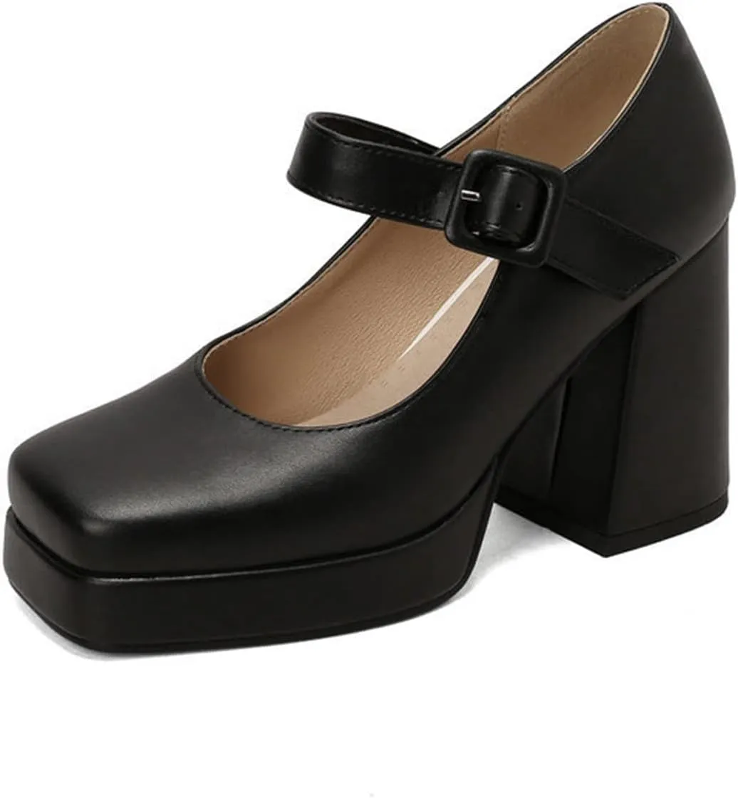 Women Square Toe Heeled Mary Jane Shoes Platform Chunky High Heel Retro Ankle Strap Uniform Pumps