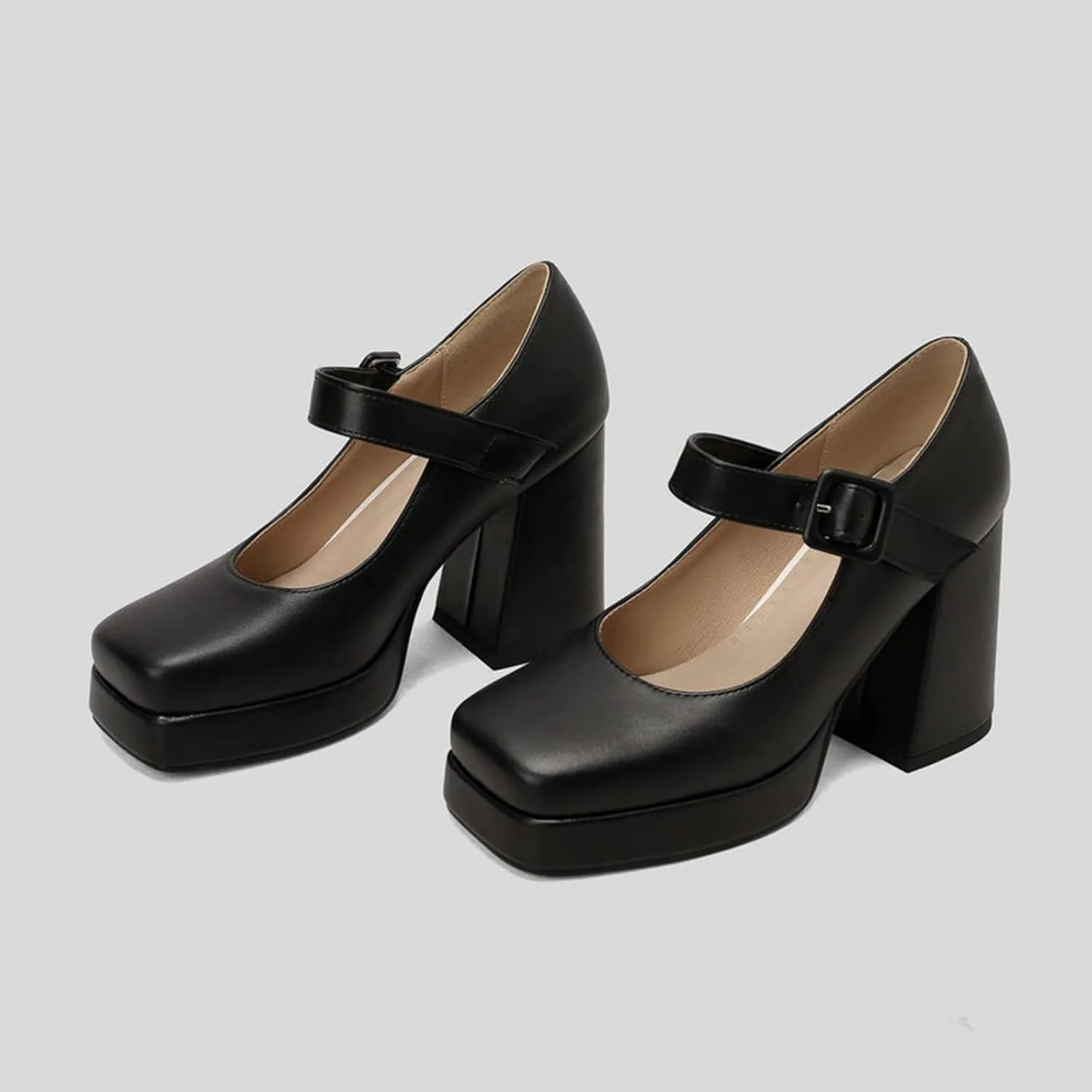 Women Square Toe Heeled Mary Jane Shoes Platform Chunky High Heel Retro Ankle Strap Uniform Pumps