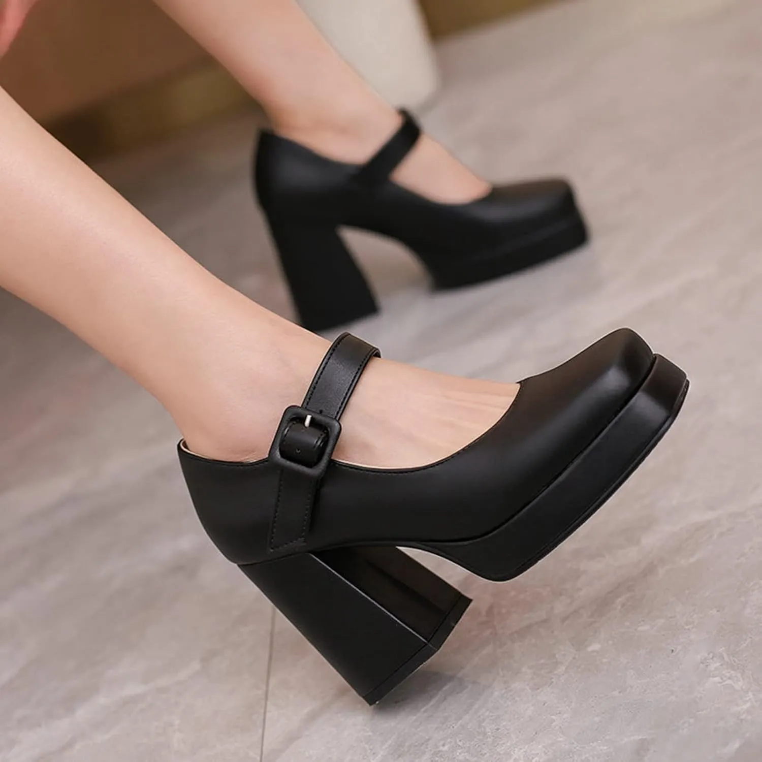 Women Square Toe Heeled Mary Jane Shoes Platform Chunky High Heel Retro Ankle Strap Uniform Pumps
