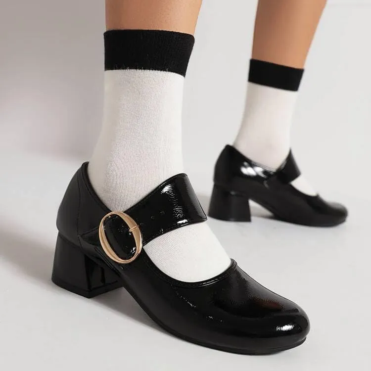 Women Vintage Mary Jane Shoes Round Toe Block Heels Pumps with Belt Buckles