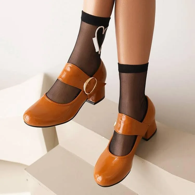 Women Vintage Mary Jane Shoes Round Toe Block Heels Pumps with Belt Buckles