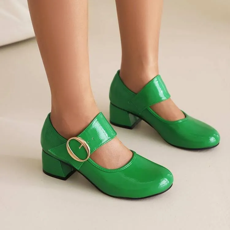 Women Vintage Mary Jane Shoes Round Toe Block Heels Pumps with Belt Buckles