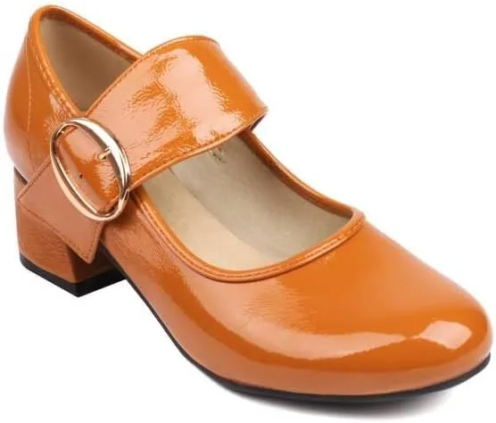 Women Vintage Mary Jane Shoes Round Toe Block Heels Pumps with Belt Buckles