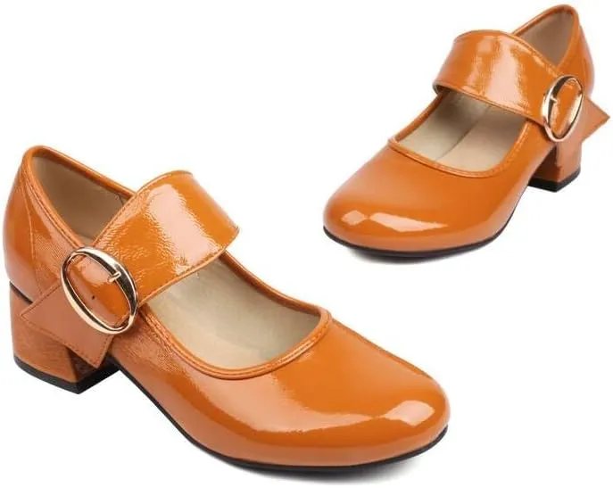 Women Vintage Mary Jane Shoes Round Toe Block Heels Pumps with Belt Buckles
