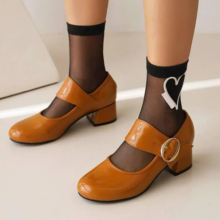 Women Vintage Mary Jane Shoes Round Toe Block Heels Pumps with Belt Buckles
