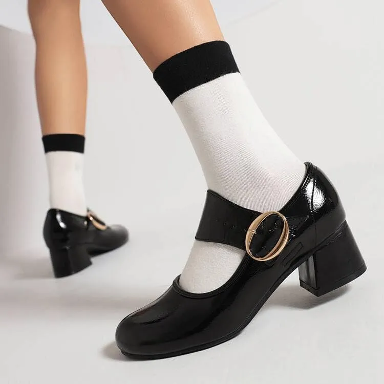 Women Vintage Mary Jane Shoes Round Toe Block Heels Pumps with Belt Buckles