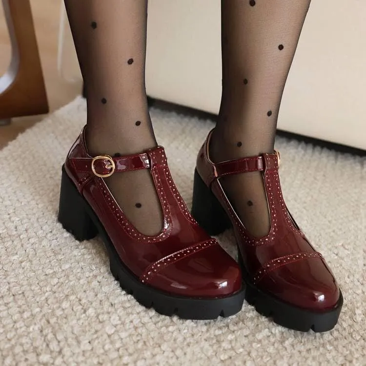 Women Vintage T-Strap Platform Brogue Mary Jane Pumps Glossy Patent Block Heels