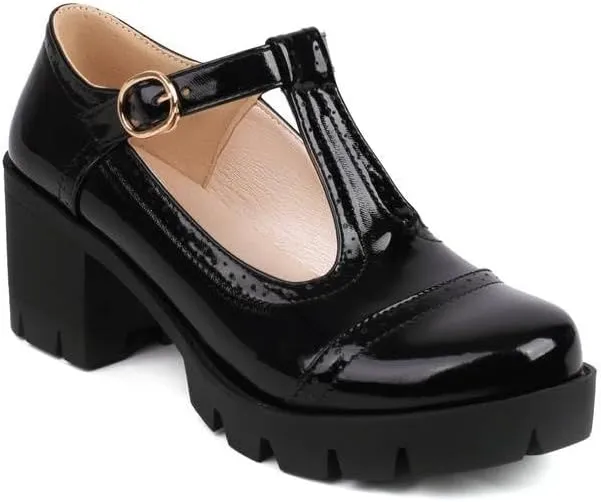 Women Vintage T-Strap Platform Brogue Mary Jane Pumps Glossy Patent Block Heels