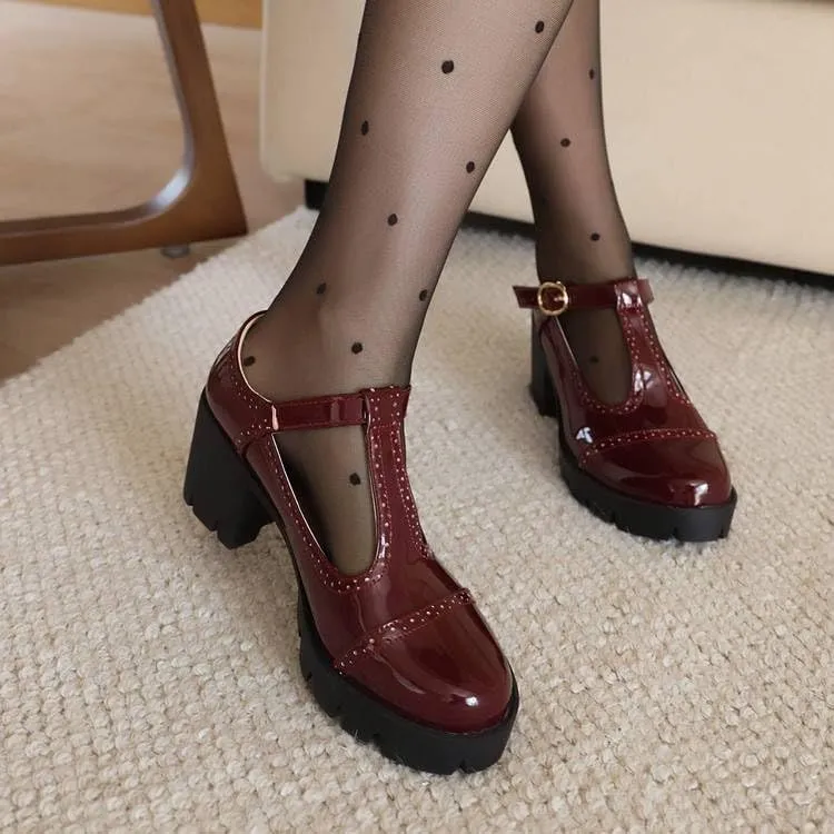 Women Vintage T-Strap Platform Brogue Mary Jane Pumps Glossy Patent Block Heels
