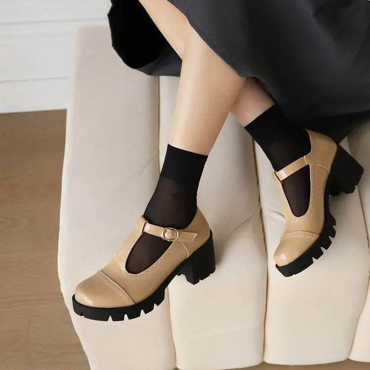 Women Vintage T-Strap Platform Brogue Mary Jane Pumps Glossy Patent Block Heels