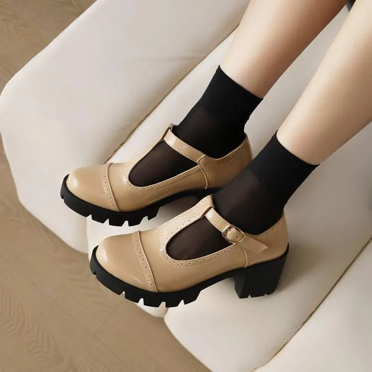 Women Vintage T-Strap Platform Brogue Mary Jane Pumps Glossy Patent Block Heels
