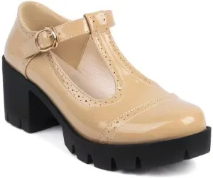 Women Vintage T-Strap Platform Brogue Mary Jane Pumps Glossy Patent Block Heels