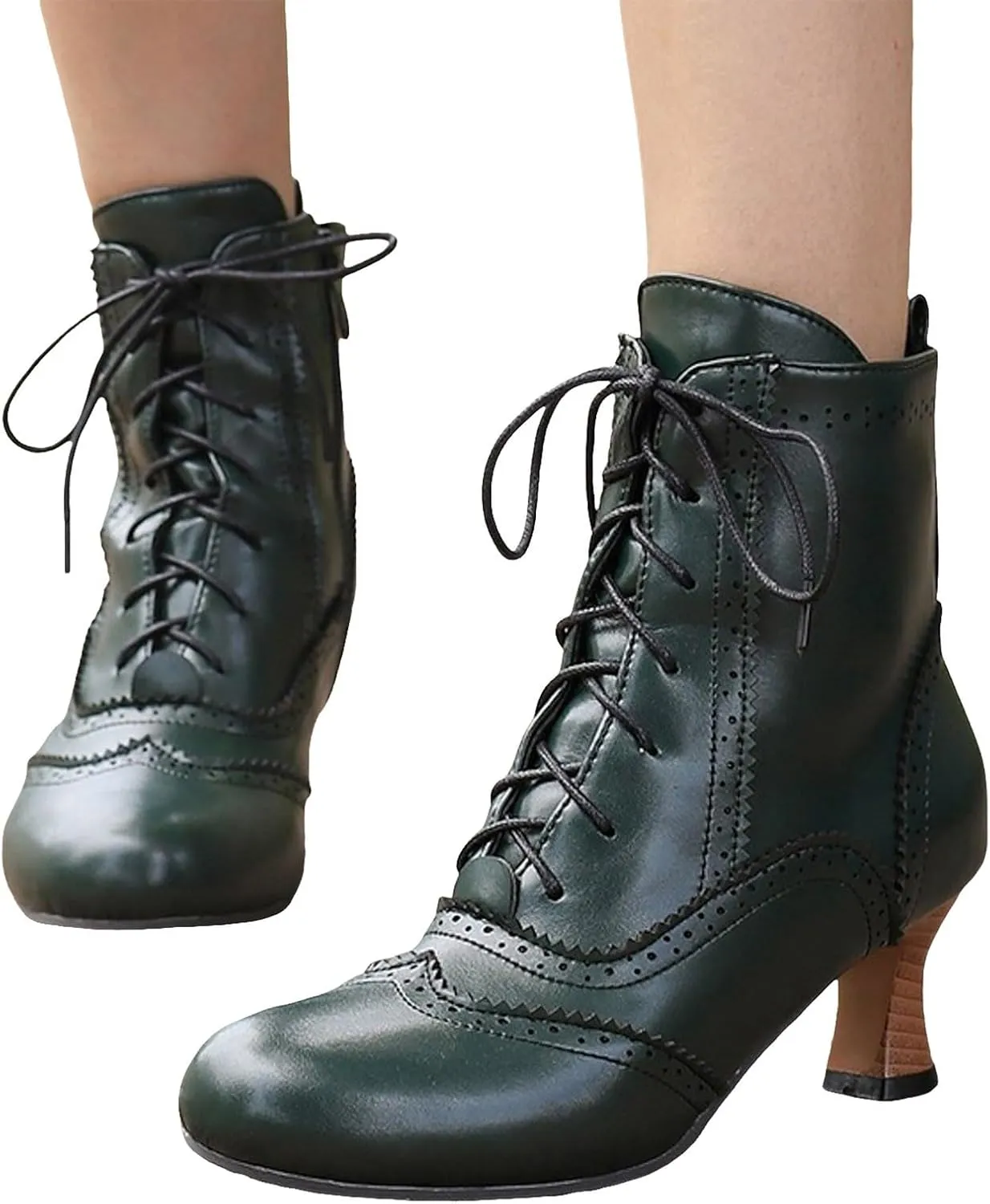 Womens Ankle Boots Wide Calf,Mid Heel Victorian Boots Vintage Lace Up Dance Booties Cosplay Witch Shoes for Women