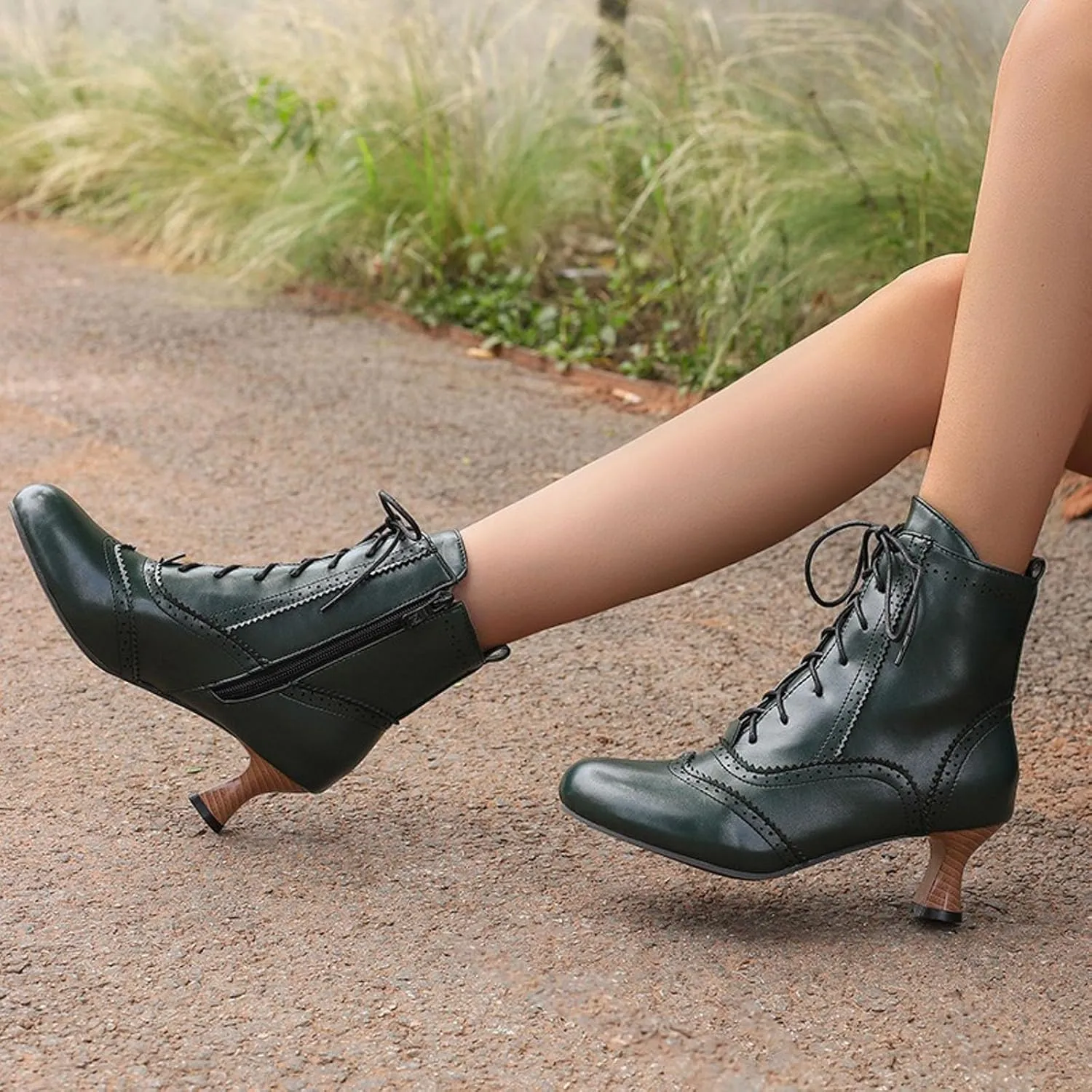 Womens Ankle Boots Wide Calf,Mid Heel Victorian Boots Vintage Lace Up Dance Booties Cosplay Witch Shoes for Women