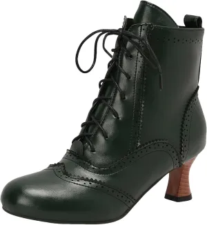 Womens Ankle Boots Wide Calf,Mid Heel Victorian Boots Vintage Lace Up Dance Booties Cosplay Witch Shoes for Women