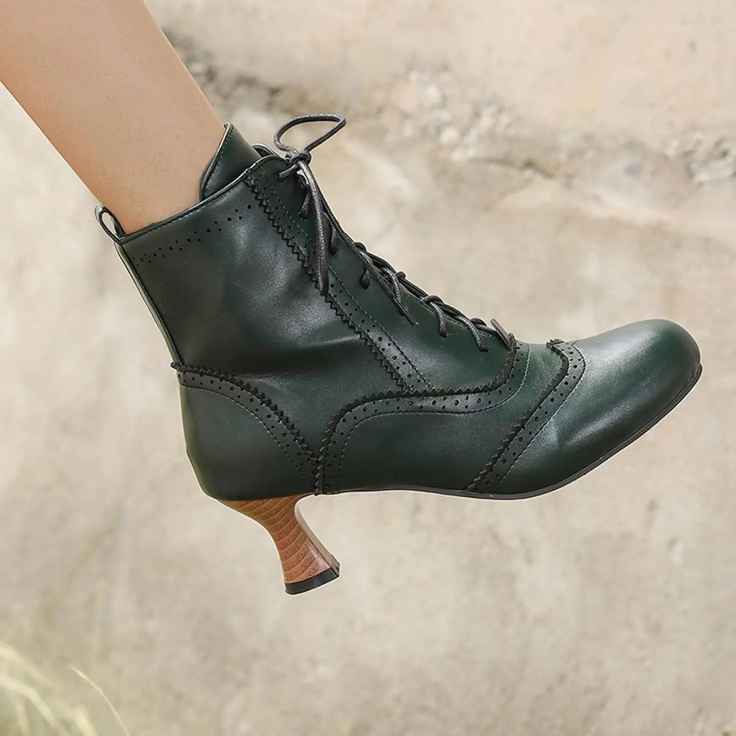 Womens Ankle Boots Wide Calf,Mid Heel Victorian Boots Vintage Lace Up Dance Booties Cosplay Witch Shoes for Women