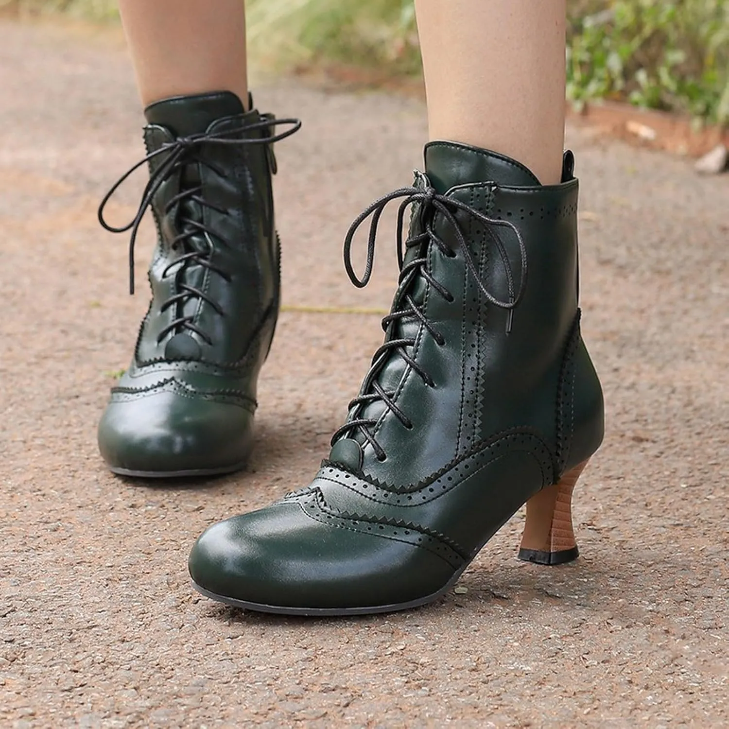 Womens Ankle Boots Wide Calf,Mid Heel Victorian Boots Vintage Lace Up Dance Booties Cosplay Witch Shoes for Women
