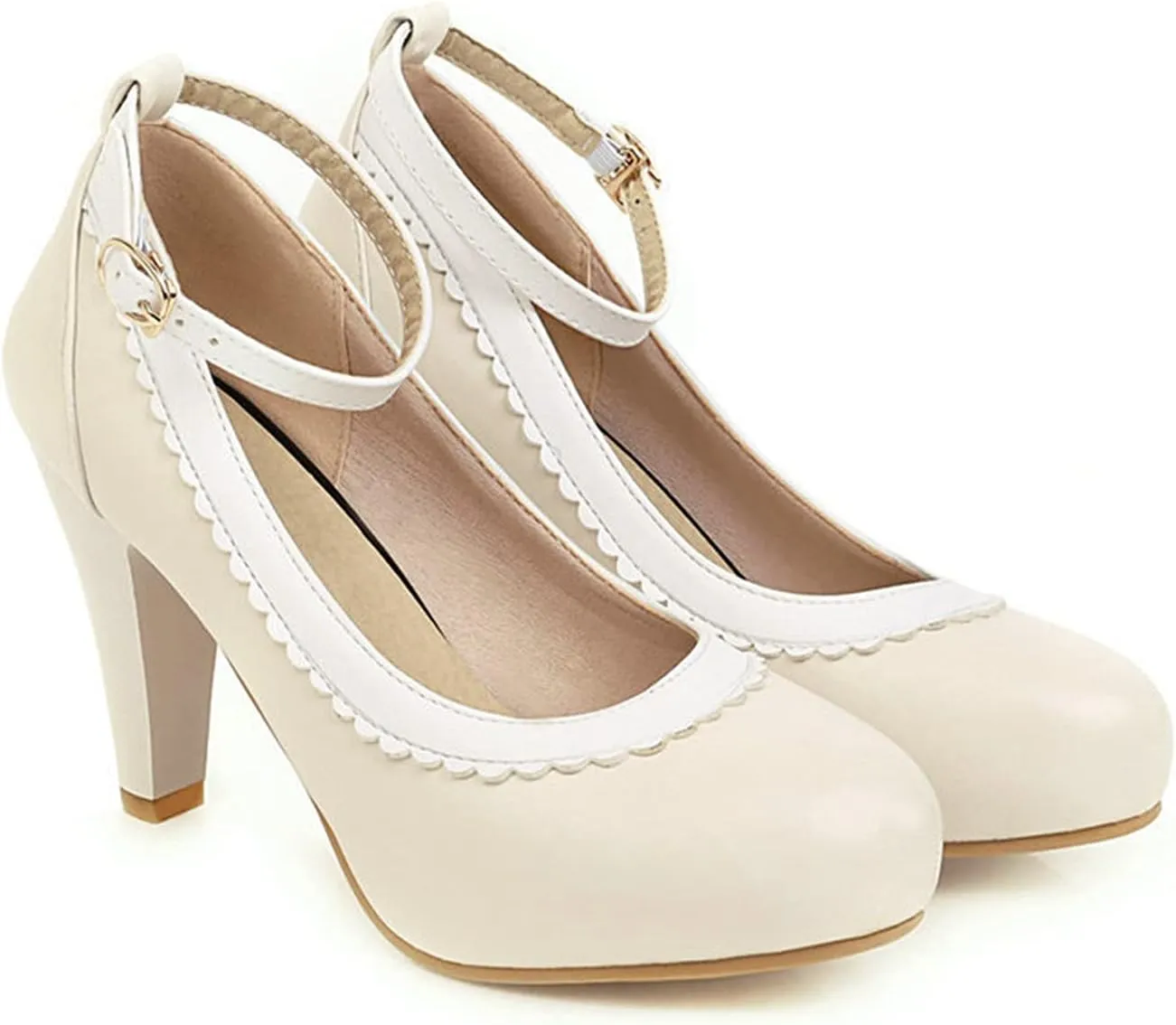 Women's Ankle Buckle Strap Dress Pumps Round Toe Two Tone Non Slip Kitten High Heel Work Shoes