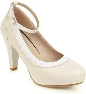 Women's Ankle Buckle Strap Dress Pumps Round Toe Two Tone Non Slip Kitten High Heel Work Shoes