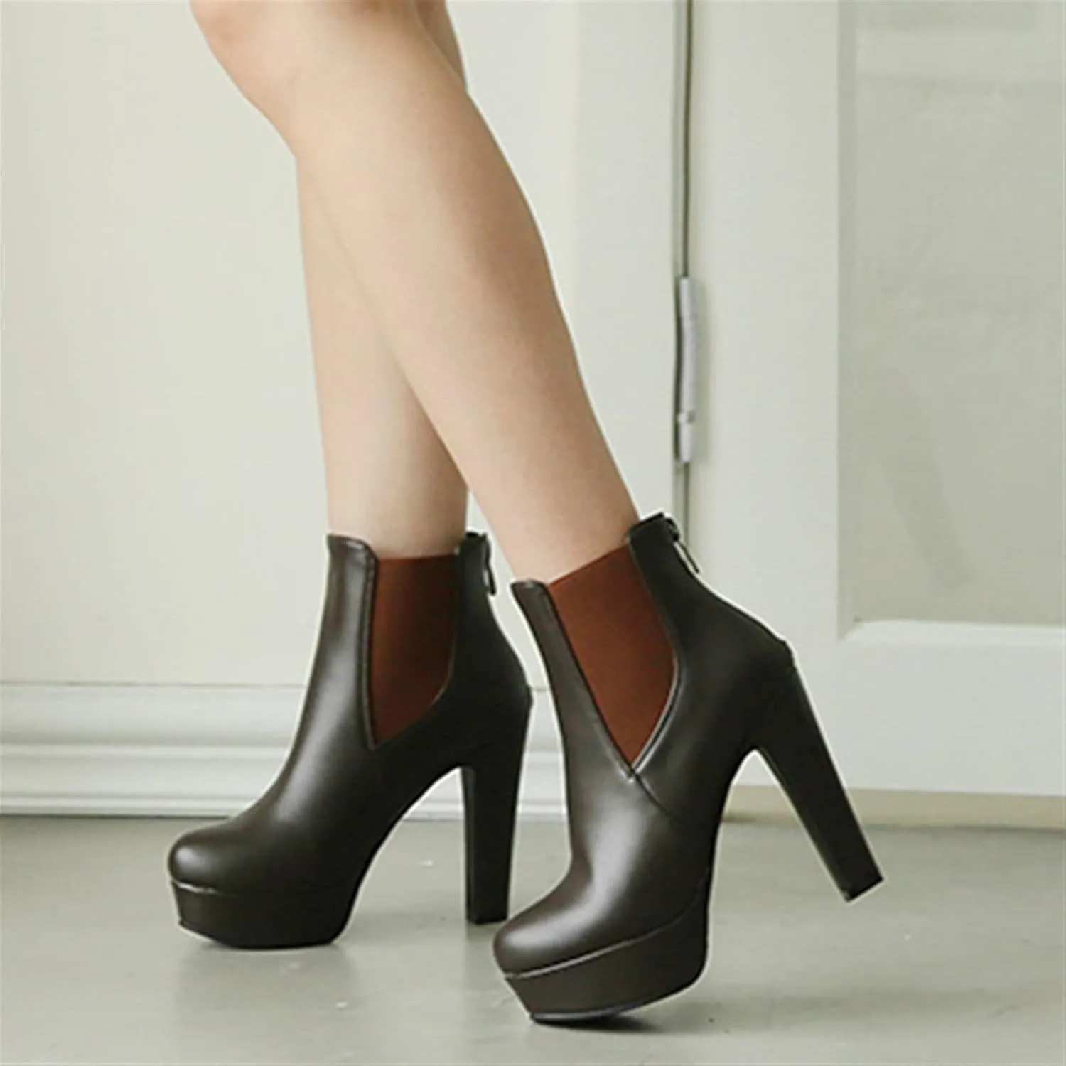 Womens boots Women's Ankle Boots Women's Shoes Thick-soled High Heels Ankle Boots Black And White High Heels Women's Shoes