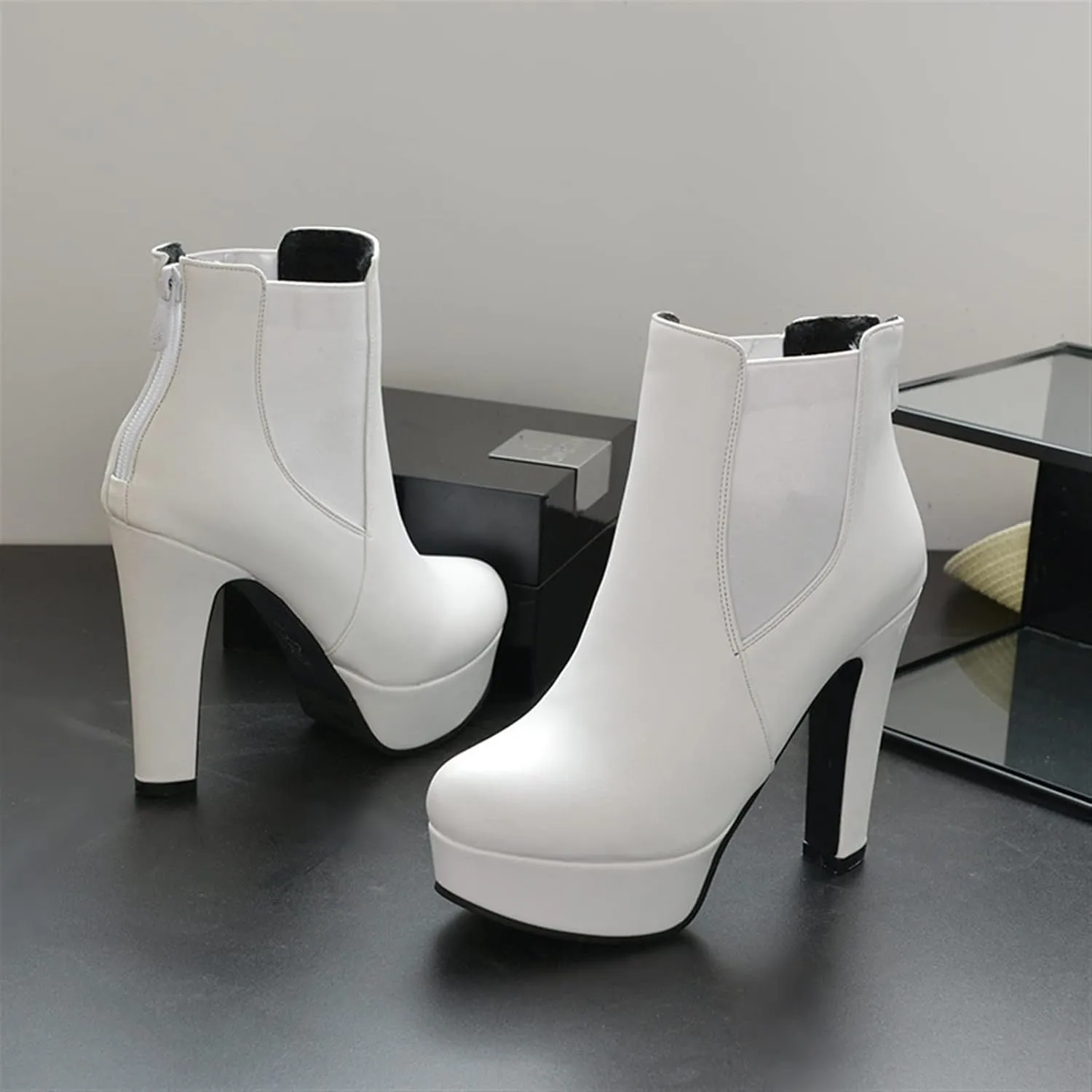 Womens boots Women's Ankle Boots Women's Shoes Thick-soled High Heels Ankle Boots Black And White High Heels Women's Shoes