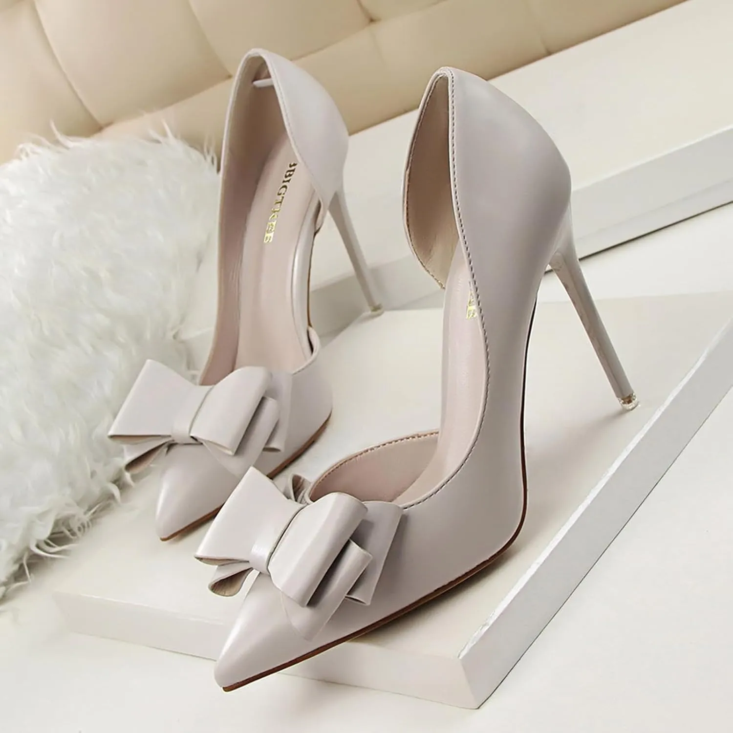 Womens Bow Heels Stiletto D'Orsay Double Bow Pumps Pointed Toe Women Dress Shoes Slip on Wedding Shoes for Bride Bridesmaid