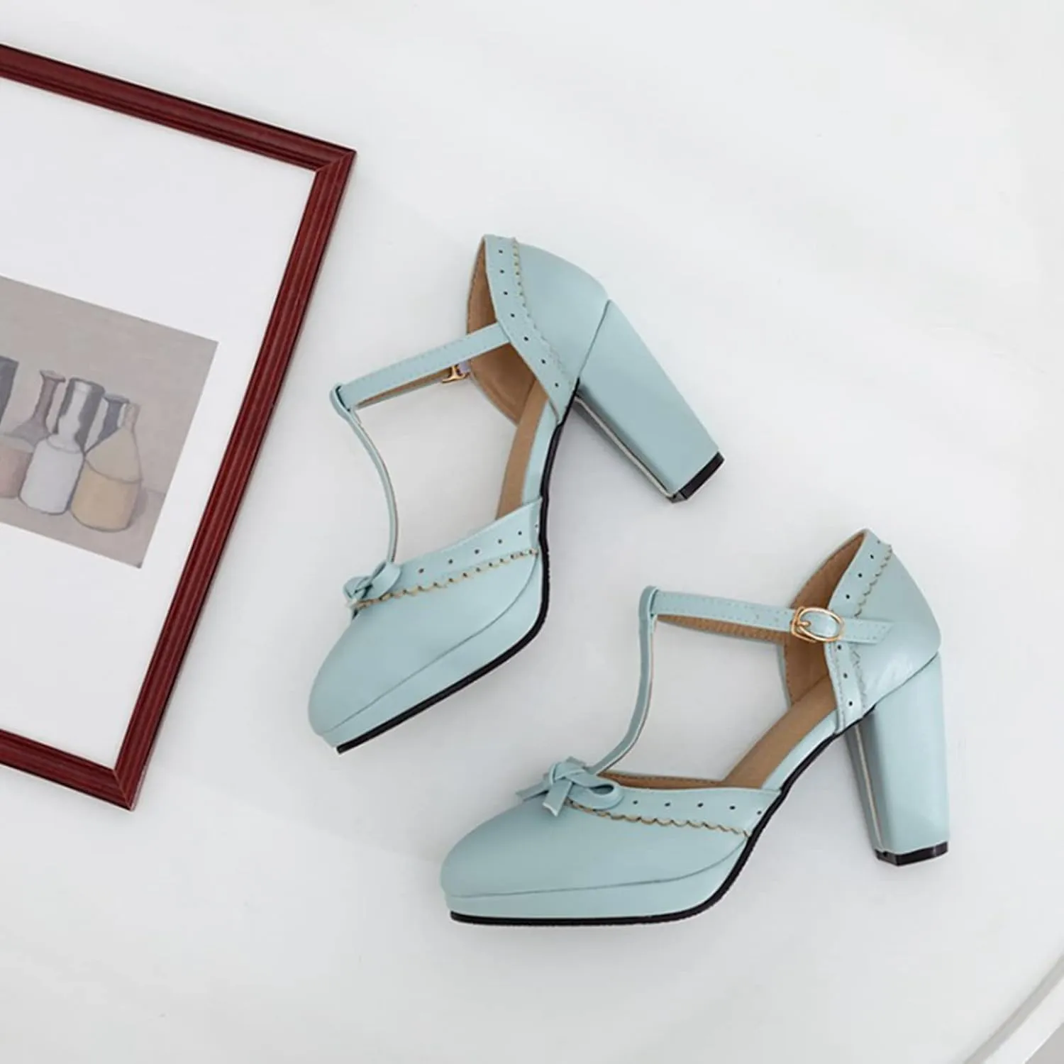 Women's Bow Platform Sandal Pumps Chunky High Heels Round Toe Ankle T-Strap Oxfords Dress Shoes