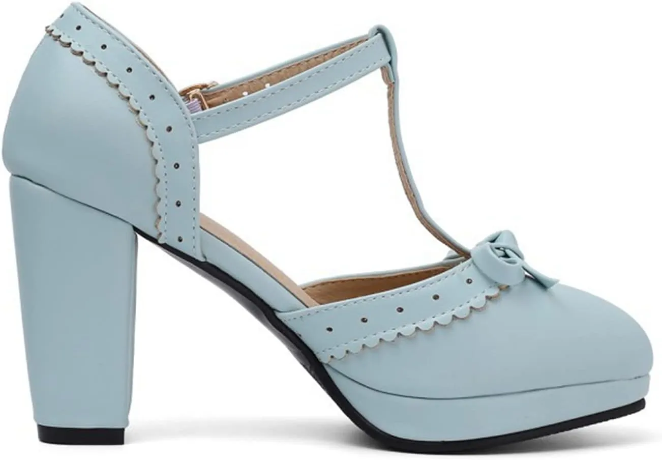 Women's Bow Platform Sandal Pumps Chunky High Heels Round Toe Ankle T-Strap Oxfords Dress Shoes