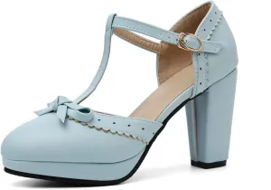 Women's Bow Platform Sandal Pumps Chunky High Heels Round Toe Ankle T-Strap Oxfords Dress Shoes