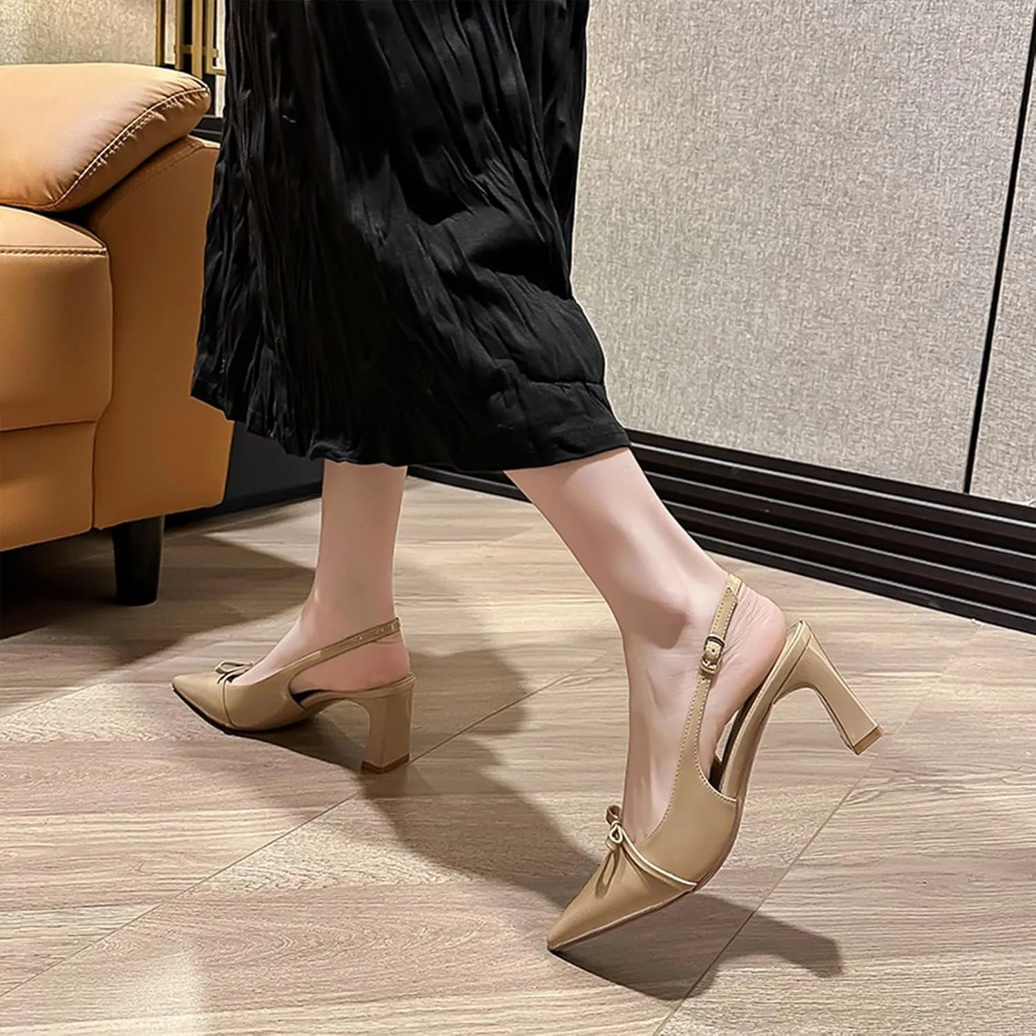 Women's Bow Slingback Block Heels Closed Pointed Toe Comfortable Patent Leather Pumps with Buckle Slip-On Work Wedding Party Dress Shoes