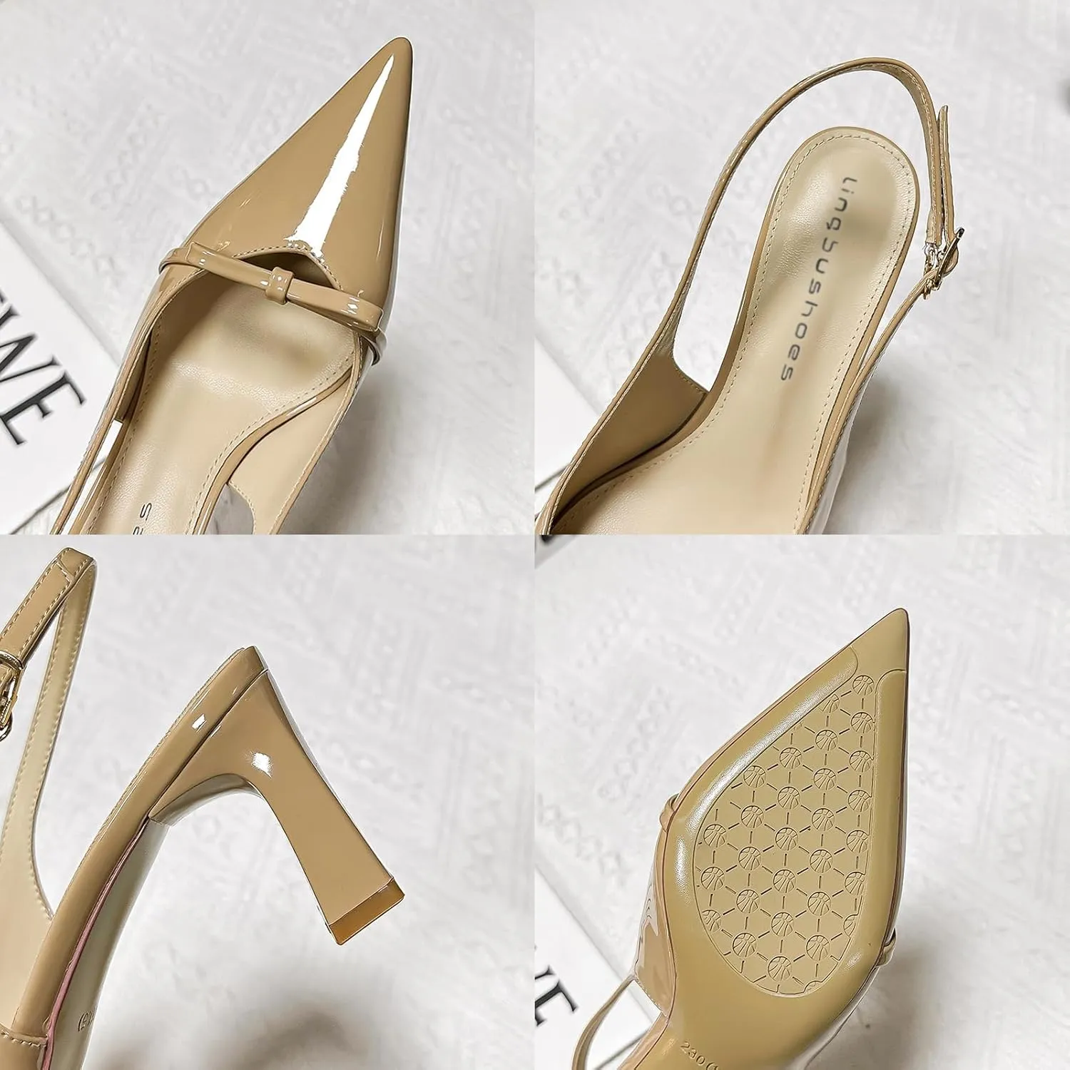 Women's Bow Slingback Block Heels Closed Pointed Toe Comfortable Patent Leather Pumps with Buckle Slip-On Work Wedding Party Dress Shoes
