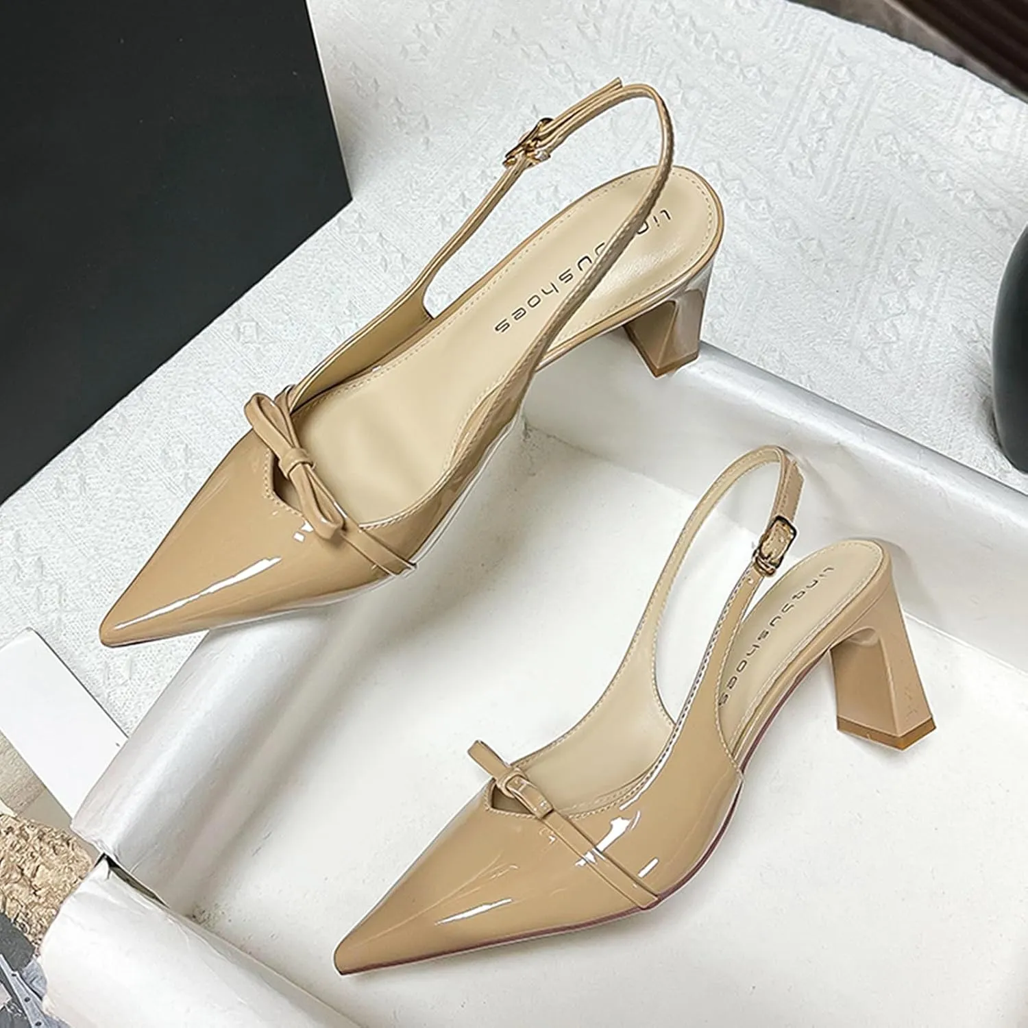 Women's Bow Slingback Block Heels Closed Pointed Toe Comfortable Patent Leather Pumps with Buckle Slip-On Work Wedding Party Dress Shoes