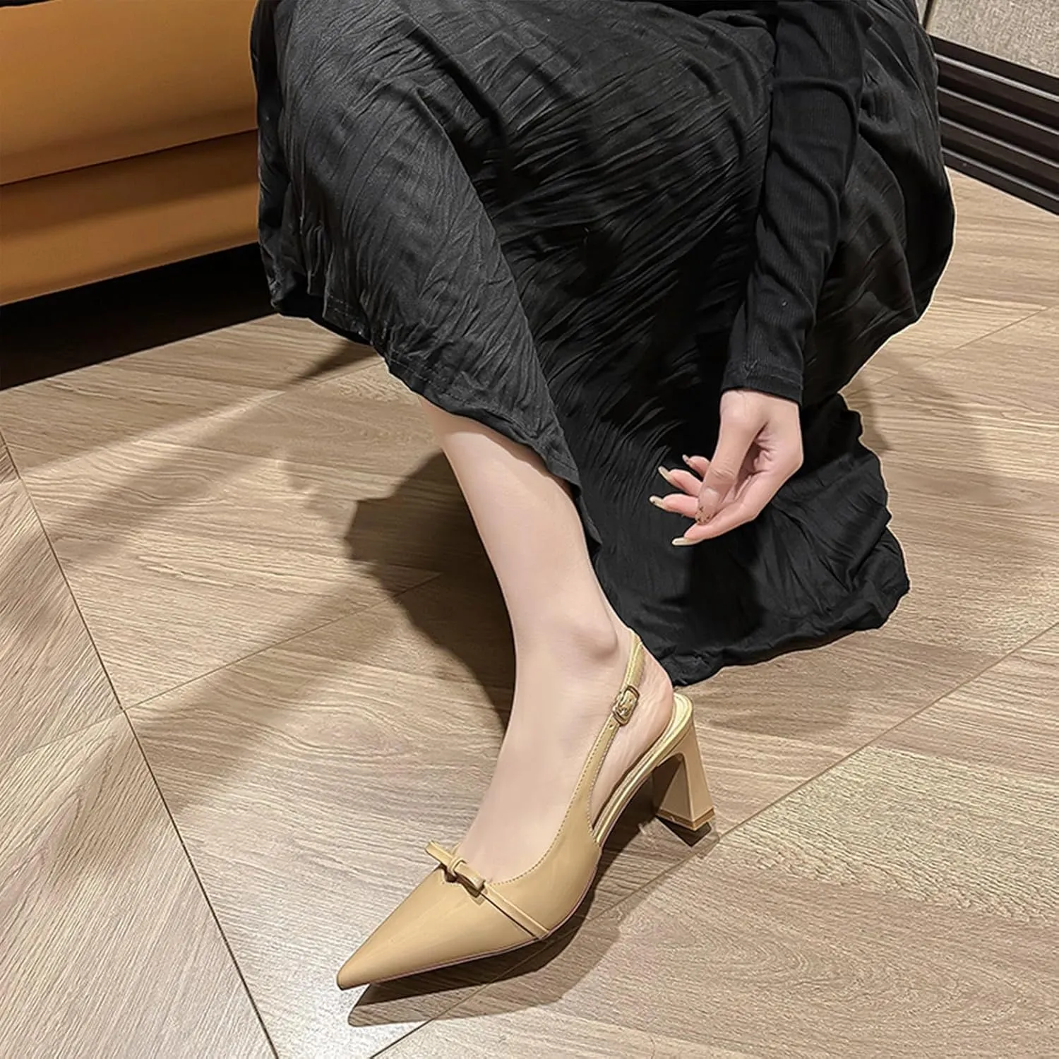 Women's Bow Slingback Block Heels Closed Pointed Toe Comfortable Patent Leather Pumps with Buckle Slip-On Work Wedding Party Dress Shoes