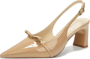 Women's Bow Slingback Block Heels Closed Pointed Toe Comfortable Patent Leather Pumps with Buckle Slip-On Work Wedding Party Dress Shoes