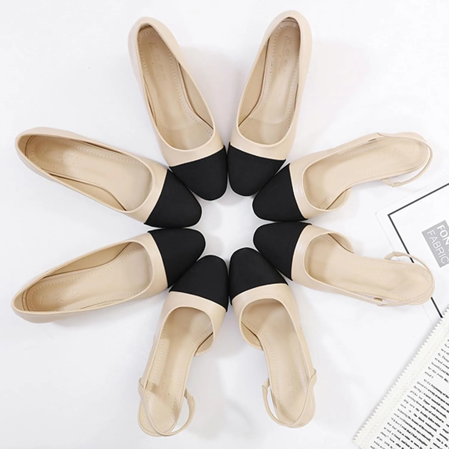 Women's Cap Toe Slingback Thick Heels Pumps,Classic Round Toe Chunky Heeled Ankle Strap Fashion Splicing Dress Shoes