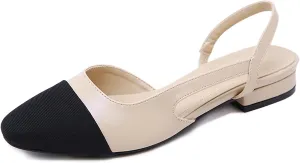 Women's Cap Toe Slingback Thick Heels Pumps,Classic Round Toe Chunky Heeled Ankle Strap Fashion Splicing Dress Shoes
