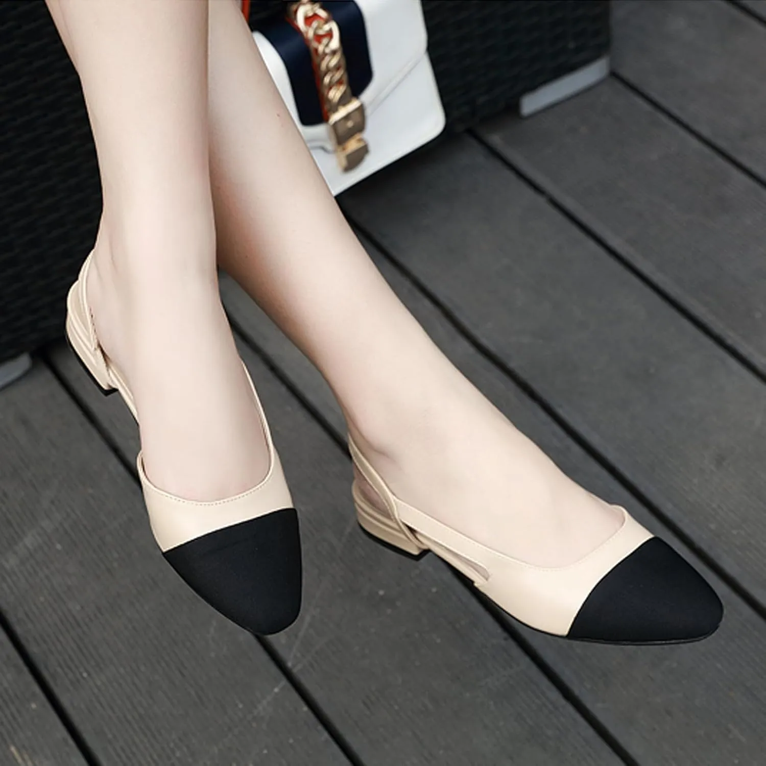 Women's Cap Toe Slingback Thick Heels Pumps,Classic Round Toe Chunky Heeled Ankle Strap Fashion Splicing Dress Shoes