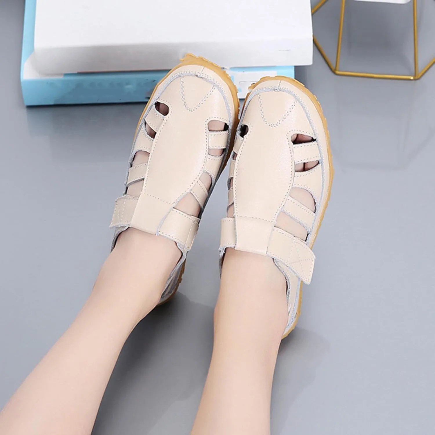 Women's Casual Boho Gladiator Sandals, Summer Leather Comfort Closed Toe Ankle Strap Beach Shoes, Soft Sole Orthopedic Sandals, Casual Breathable Outdoor Walking Shoes