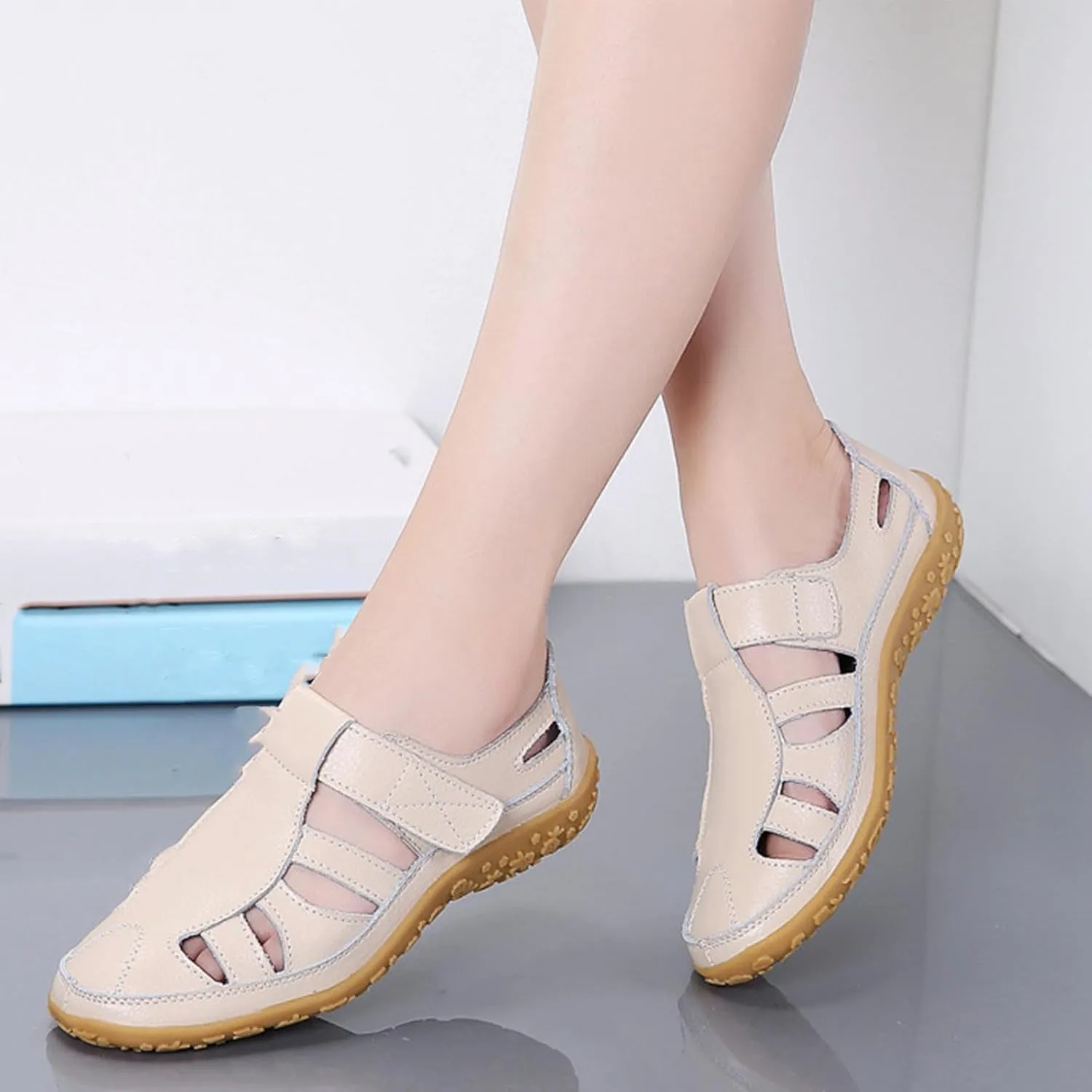 Women's Casual Boho Gladiator Sandals, Summer Leather Comfort Closed Toe Ankle Strap Beach Shoes, Soft Sole Orthopedic Sandals, Casual Breathable Outdoor Walking Shoes