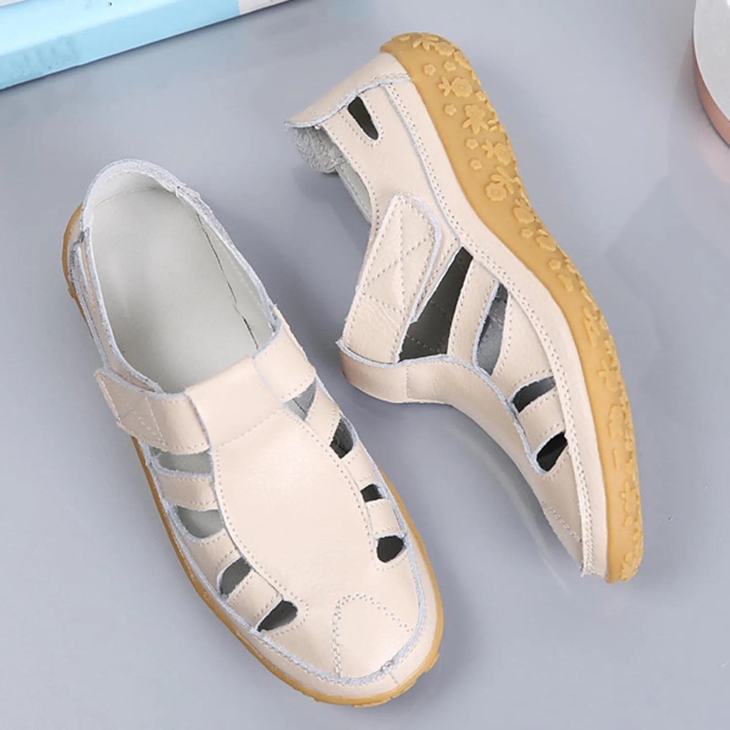 Women's Casual Boho Gladiator Sandals, Summer Leather Comfort Closed Toe Ankle Strap Beach Shoes, Soft Sole Orthopedic Sandals, Casual Breathable Outdoor Walking Shoes