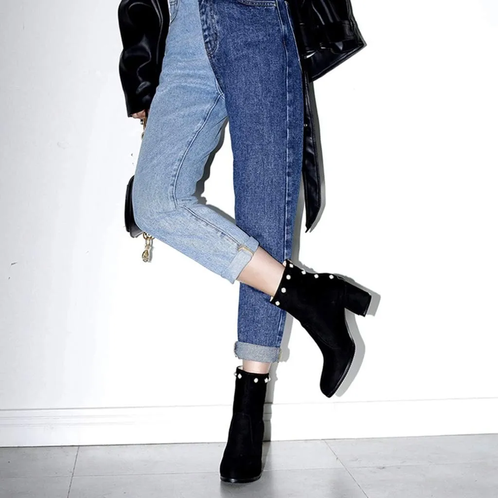 Women's Chunky Block Heel Dress Ankle Boots Round Toe Suede Zipper Booties Studded Pearls Short Boot